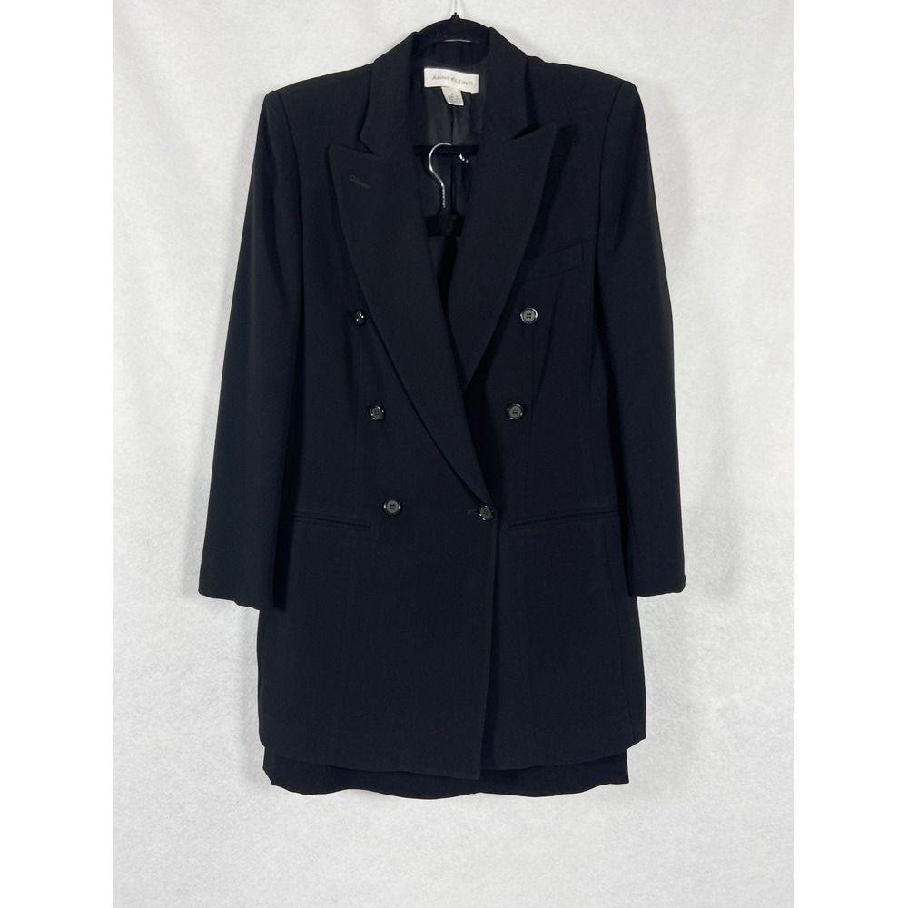 Vtg Anne Klein II 2PC Skirt Suit Women's 8 Black Double Breasted Mini Skirt